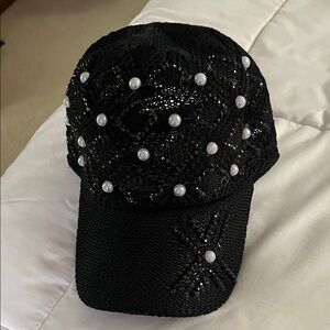 NWOT Elegant Black Pearl-Embellished Cap